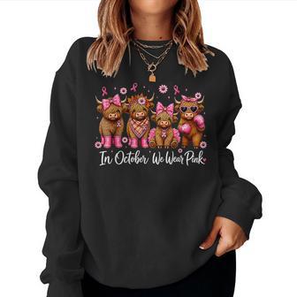 Pink Ribbon Coquette Bow Floral Highland Cow Breast Cancer Women Sweatshirt - Thegiftio UK
