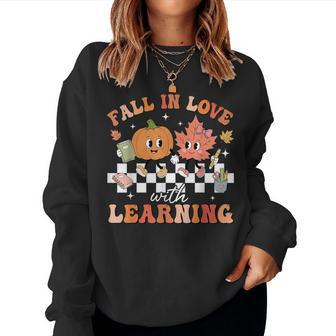 Preppy Fall In Love With Learning Autumn Pumpkin Teacher Women Sweatshirt - Thegiftio UK
