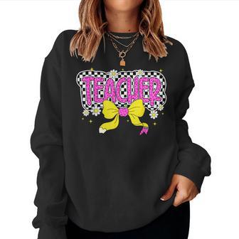 Retro Checkered Pink Bow Teacher Back To School Women Sweatshirt - Thegiftio UK