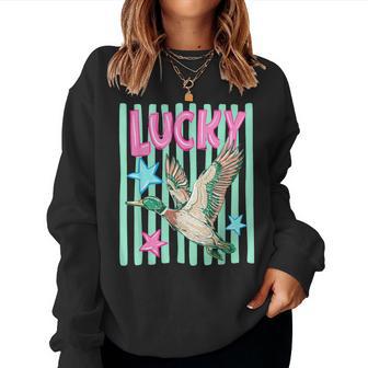 Retro Duck Lucky Summer Vibes Southern Mallard Duck Hunting Women Sweatshirt - Thegiftio UK