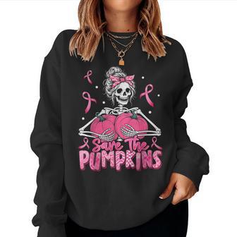Save The Pumpkins Breast Cancer Awareness Skeleton Messy Bun Women Sweatshirt - Thegiftio UK