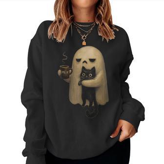 Spooky Ghost Holding Black Cat Coffee Lover Halloween Women Sweatshirt - Thegiftio UK