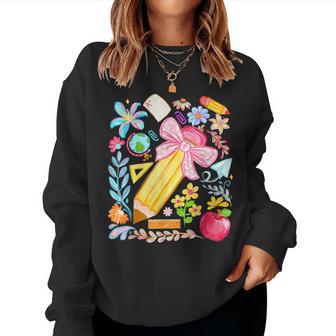 Teacher Coquette Bow Pencil Happy First Day Back To School Women Sweatshirt - Thegiftio UK