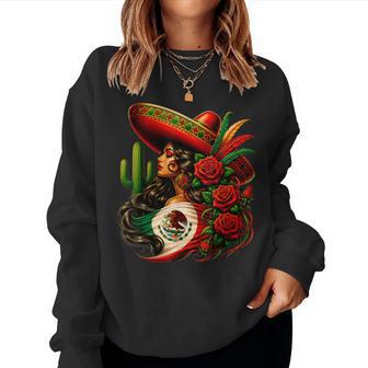 Viva Mexico Mexican Flag Floral Woman Sombrero Fiesta Women Sweatshirt | Seseable UK