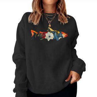 トラウト 魚 シルエット 花 ボタニカル フローラル レディーススウェットシャツ - Kawaiitshirt