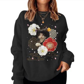 ボブキャット ウィッグ カツラ おかっぱ 猫 日本 和風 美しい 花 猫ミーム レディーススウェットシャツ - Kawaiitshirt