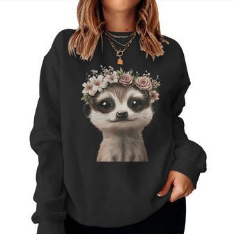 花柄クラウン付きのかわいいミーアキャット レディーススウェットシャツ - Kawaiitshirt