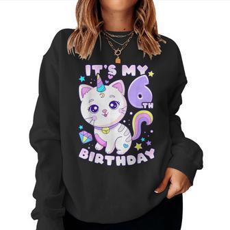 誕生日の女の子6歳、猫、ユニコーン、6歳の誕生日 レディーススウェットシャツ - Kawaiitshirt
