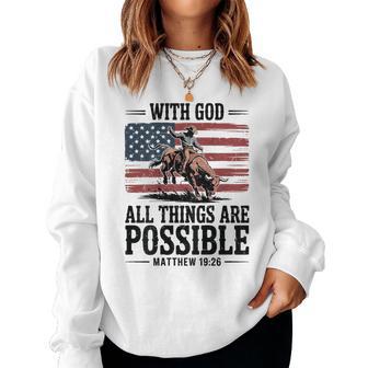 Christian Scripture Cowboy Bull Riding Rodeo American Flag Women Sweatshirt | Seseable UK