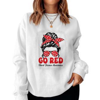 Go Red For American Heart Disease Awareness Messy Bun Women Sweatshirt - Thegiftio UK