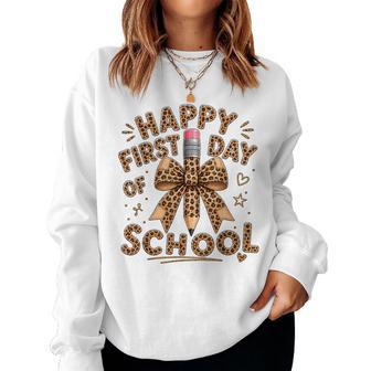 Happy First Day Of School Girls Leopard Pencil Bow Coquette Women Sweatshirt - Thegiftio UK