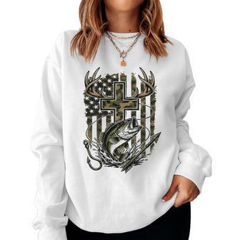 Men's Camo Deer Hunting Cross Christian American Flag Youth Women Sweatshirt | Seseable UK