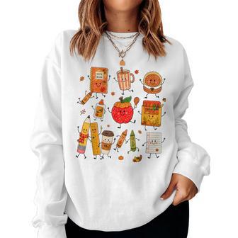 Teacher Doodle Characters Thanksgiving Cute School Supplies Women Sweatshirt - Thegiftio UK
