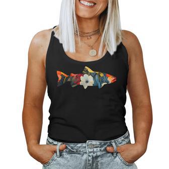 トラウト 魚 シルエット 花 ボタニカル フローラル レディースタンクトップ - Kawaiitshirt