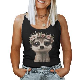 花柄クラウン付きのかわいいミーアキャット レディースタンクトップ - Kawaiitshirt