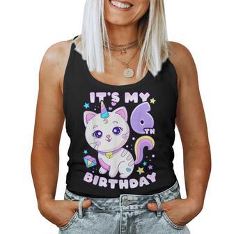 誕生日の女の子6歳、猫、ユニコーン、6歳の誕生日 レディースタンクトップ - Kawaiitshirt