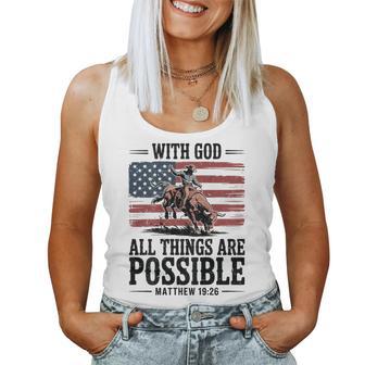 Christian Scripture Cowboy Bull Riding Rodeo American Flag Women Tank Top | Seseable UK