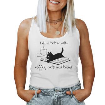 Life Is Better With Books Cats And Coffee レディースタンクトップ - Kawaiitshirt