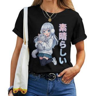 Adorable Manga Fille Avec Chat Kawaii Manga Otaku Japon Amoureux T-shirt femme - Cadeauxyz