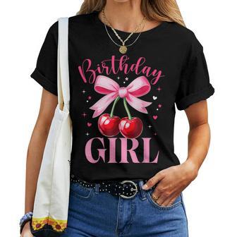 Birthday Girl Pink Coquette Bow Cherry Birthday Girls Women T-shirt | Seseable UK