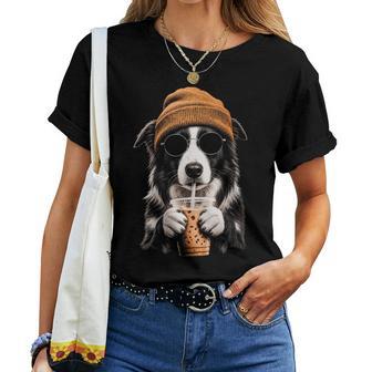 Border Collie Bebiendo Café Helado Divertido Perro Hipster Cuello Camiseta de mujer - Regaloses
