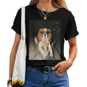 Cavalier King Charles Spaniel Drinking Iced Coffee Dog Lover Women T-shirt | Seseable UK