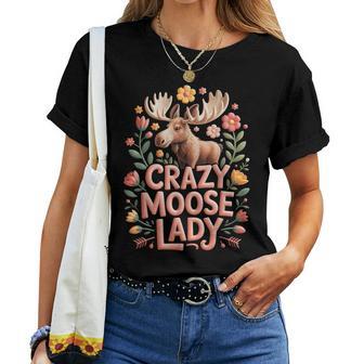 Crazy Moose Lady Floral Antlers Nature Lover Forest Animal Women T-shirt | Seseable UK
