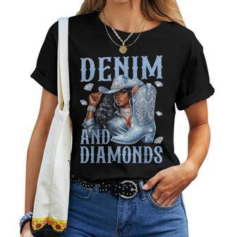 Denim Diamonds Western Cowgirl Southern Country Black Women Women T-shirt | Seseable UK