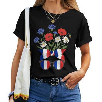 France Fête Nationale Patriote Fleurs Lunettes T-shirt femme - Cadeauxyz