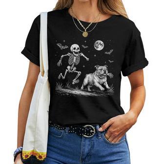 Skeleton Chasing English Bulldog Halloween Dog Mom Pet Women T-shirt | Seseable UK