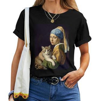 Girl With A Pearl Earring And A Cat 名画パロディ アート猫 長袖tシャツ レディースTシャツ - Kawaiitshirt