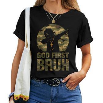 God First Bruh Dabbing Boy Camo Christian Kids Cross Faith Women T-shirt | Seseable UK