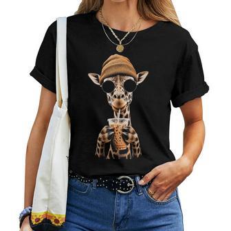Jirafa Bebiendo Café Helado Divertido Hipster Jirafa Amante Cuello Camiseta de mujer - Regaloses