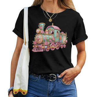 Locomotive Àapeur Romantique Avec Train De Fleurs Roses T-shirt femme - Cadeauxyz