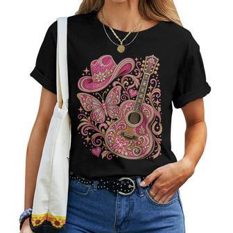 Pink Bling Cowgirl Guitar Western Rhinestone Butterfly Women T-shirt | Seseable UK