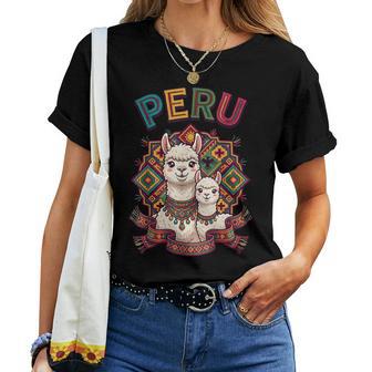 Recuerdo De Perú Llamas Lindas Y Coloridos Patrones Populares Andinos Camiseta de mujer - Regaloses