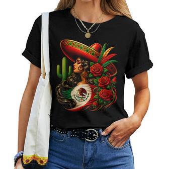 Viva Mexico Mexican Flag Floral Woman Sombrero Fiesta Women T-shirt | Seseable UK