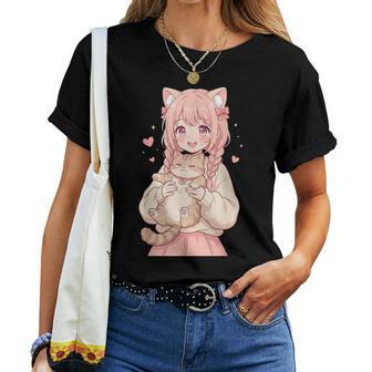 かわいい アニメ 女の子 抱っこ 猫 かわいい 漫画 猫好き オタク レディースTシャツ - Kawaiitshirt