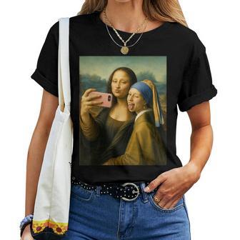 女の子の真珠のイヤリングを持つモナリザの自撮り面白いアート レディースTシャツ - Kawaiitshirt