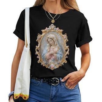 聖母マリア カトリック 祈り 花柄 神聖なアイコン 肖像画 レディースTシャツ - Kawaiitshirt