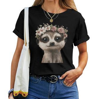花柄クラウン付きのかわいいミーアキャット レディースTシャツ - Kawaiitshirt