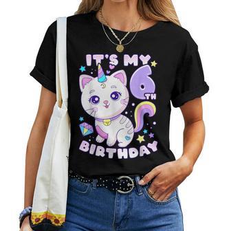 誕生日の女の子6歳、猫、ユニコーン、6歳の誕生日 レディースTシャツ - Kawaiitshirt