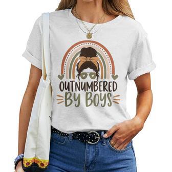 Outnumbered By Boys For Moms Of Boys Messy Bun Boho Rainbow Women T-shirt | Seseable UK