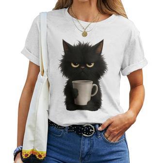Taza De Café Con Diseño De Gato Negro Gruñón Cuello Camiseta de mujer - Regaloses