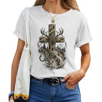 Youth Camo Faith Hunting Fishing Cross Christian Jesus God Women T-shirt | Seseable UK