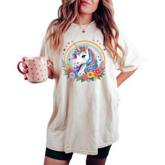 Unicorn With Rainbow Mane And Flowers Beautiful Unicorn Women's Oversized Comfort T-shirt | Seseable UK