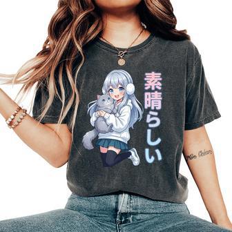 Adorable Manga Fille Avec Chat Kawaii Manga Otaku Japon Amoureux T-shirt oversize confortable pour femme - Cadeauxyz