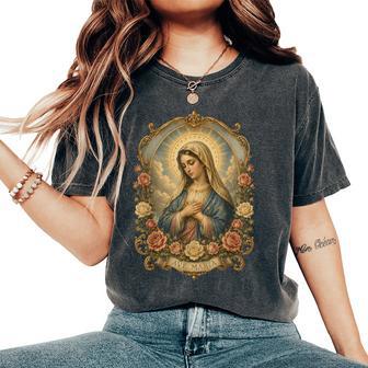Ave Maria 聖母マリア 花柄 カトリック 祈りの肖像画 レディースオーバーサイズコンフォートTシャツ - Kawaiitshirt