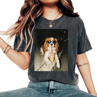 Cavalier King Charles Spaniel Drinking Iced Coffee Dog Lover Women's Oversized Comfort T-Shirt | Seseable UK