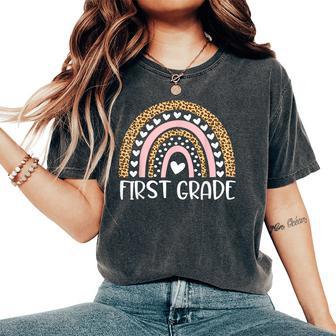 First Grade Boho Rainbow Leopard Back To School Teacher Girl Women's Oversized Comfort T-Shirt | Seseable UK